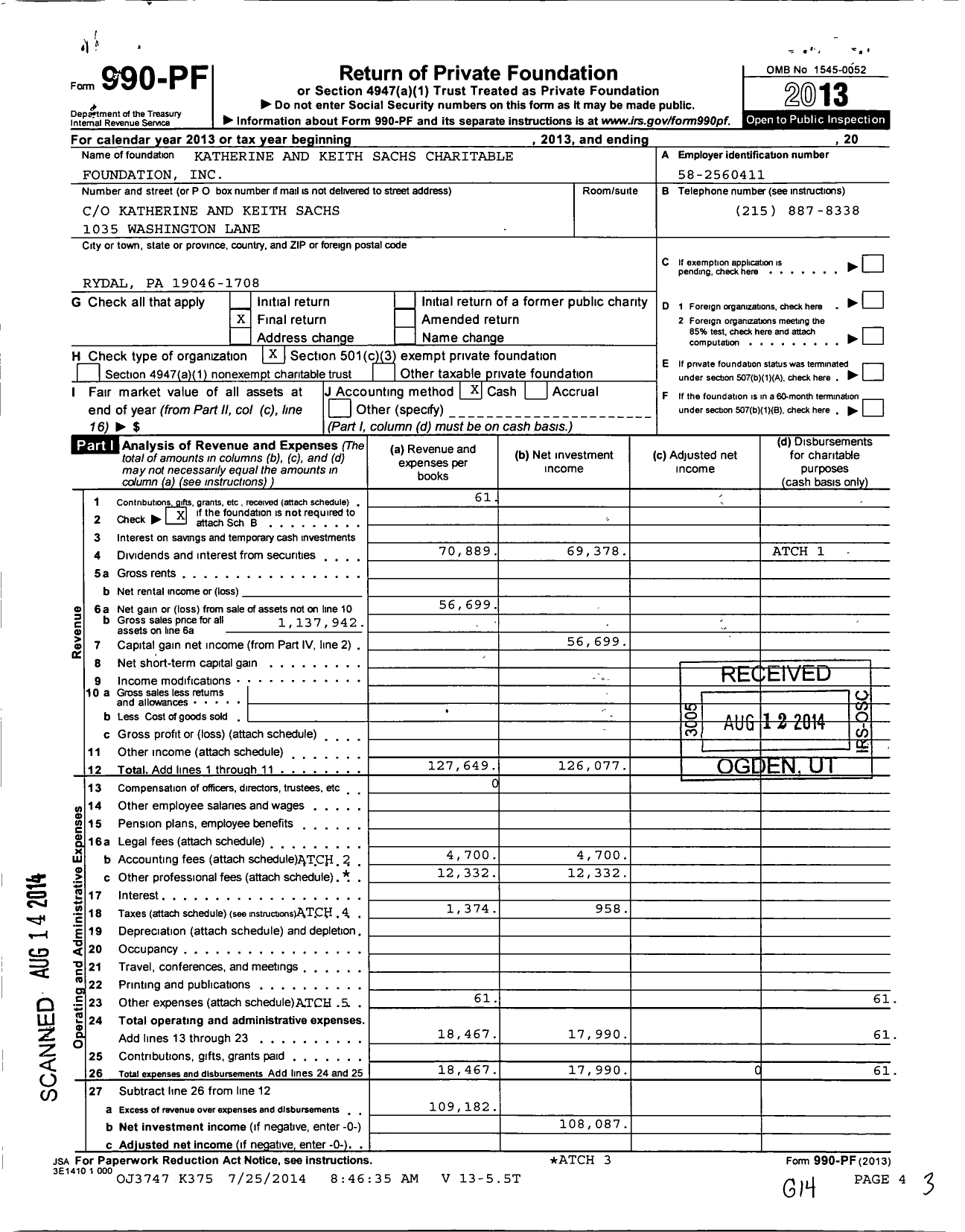 Image of first page of 2013 Form 990PF for Katherine and Keith Sachs Charitable Foundation