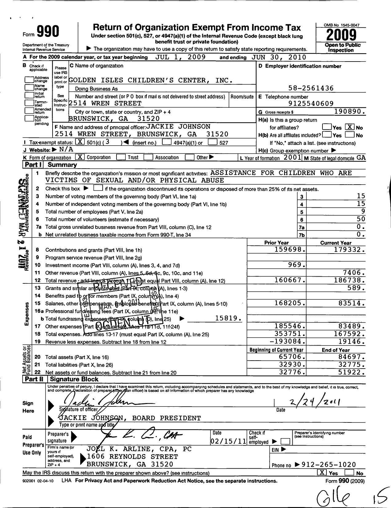 Image of first page of 2009 Form 990 for Golden Isles Childrens Center