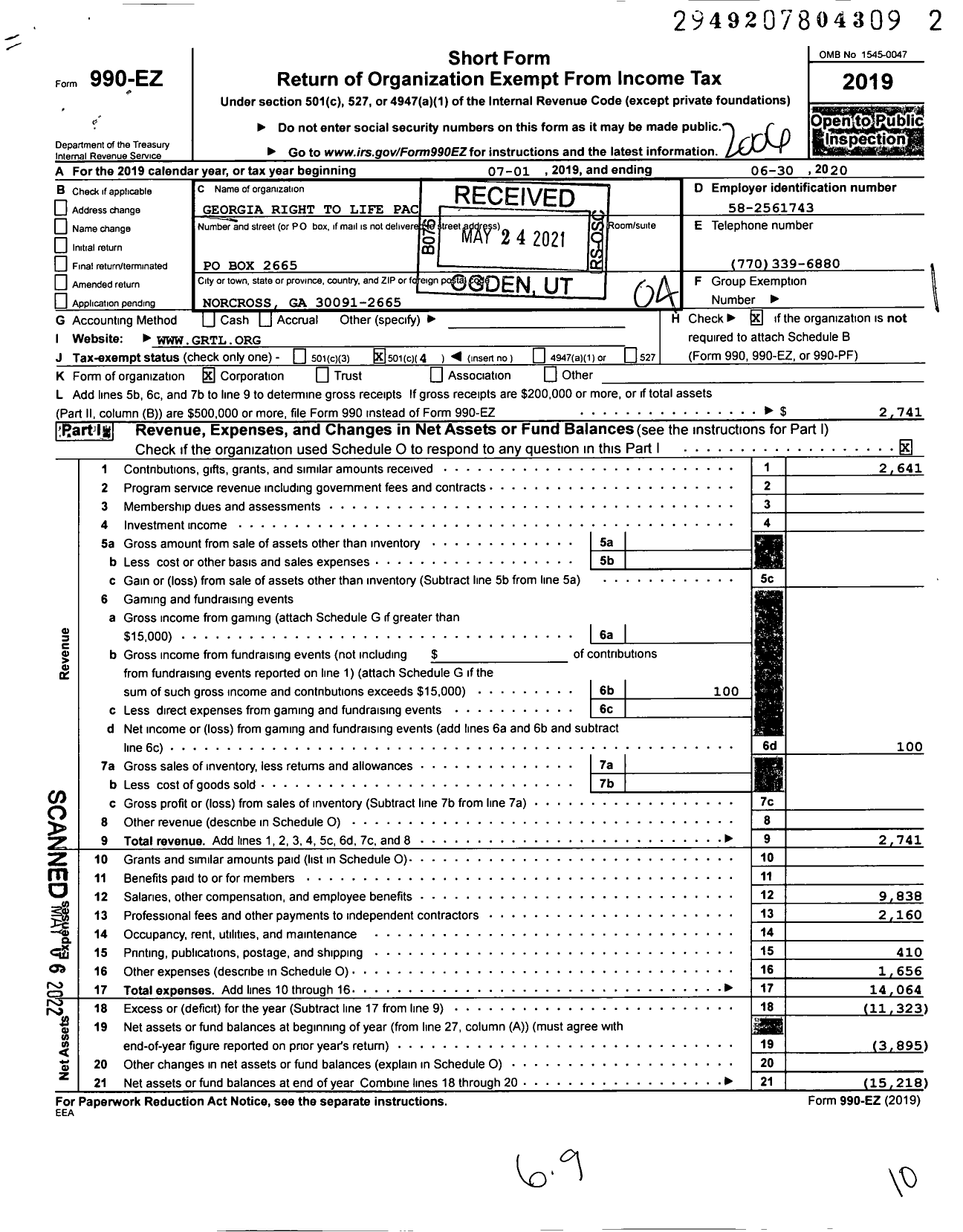 Image of first page of 2019 Form 990EO for Georgia Right To Life Pac