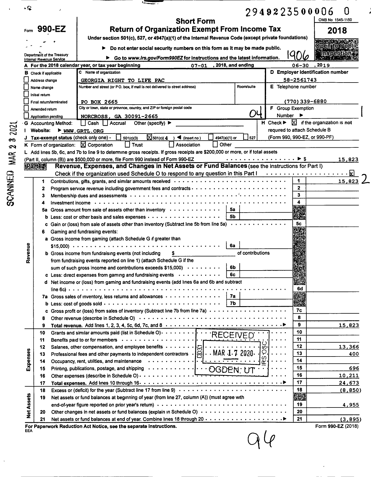 Image of first page of 2018 Form 990EO for Georgia Right To Life Pac