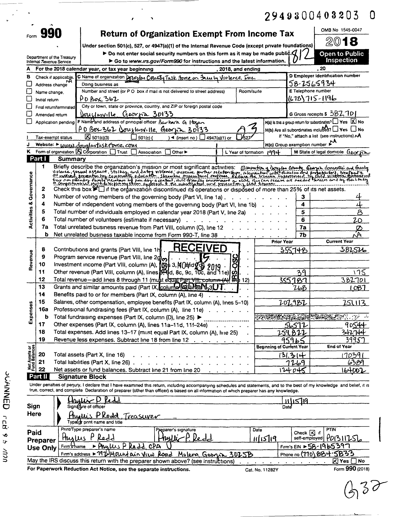 Image of first page of 2018 Form 990 for Douglas County Task Force on Family Violence