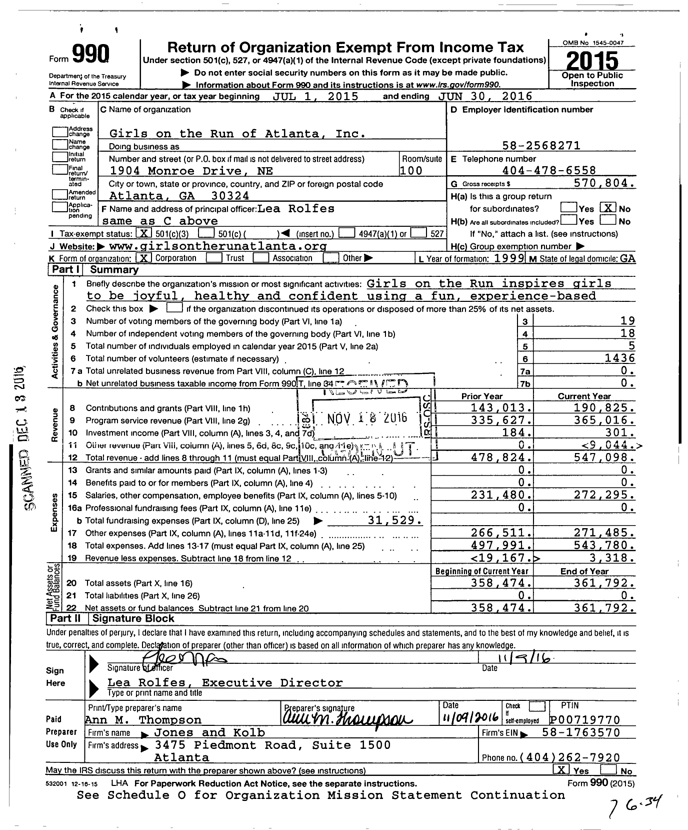 Image of first page of 2015 Form 990 for Girls on the Run Georgia