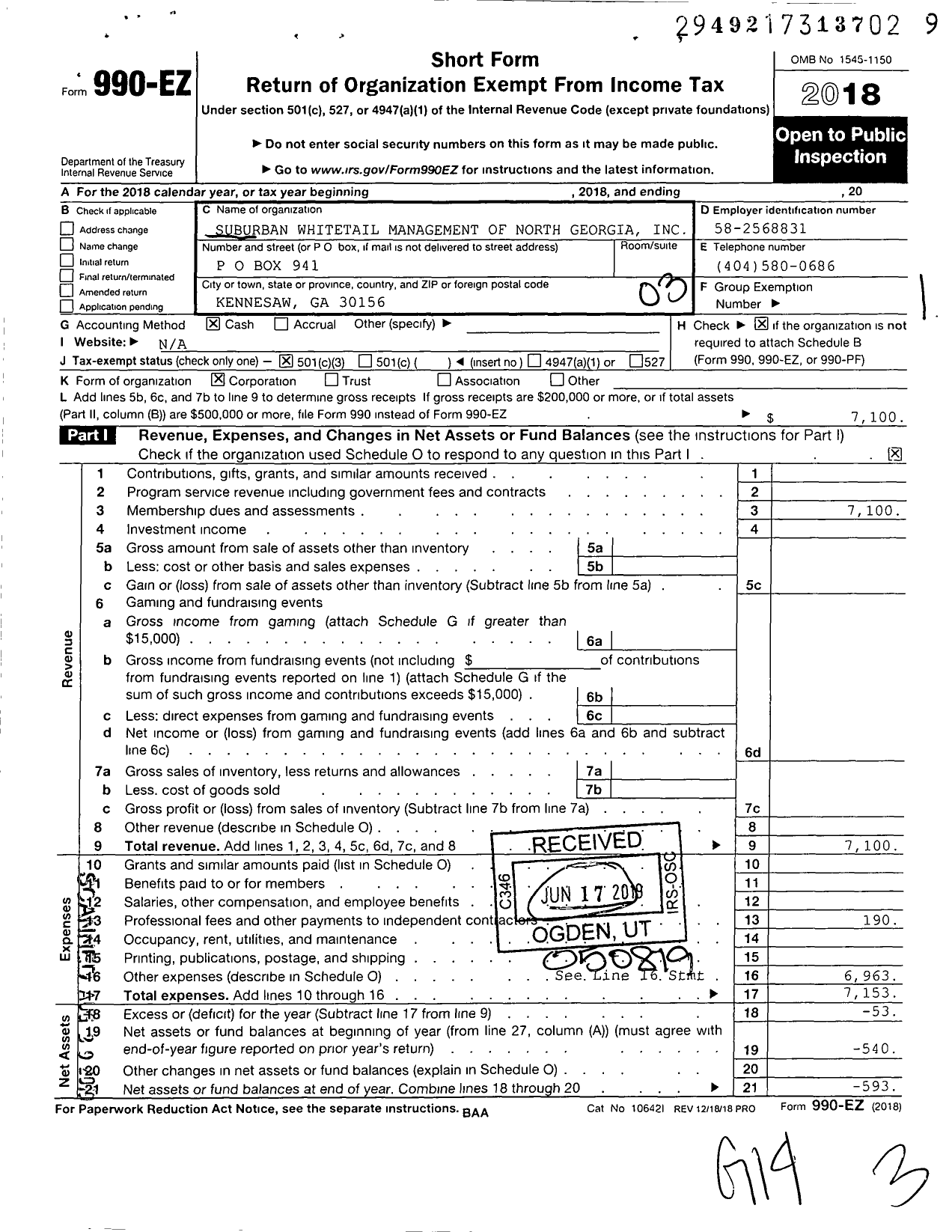 Image of first page of 2018 Form 990EZ for Suburban Whitetail Management of North Georgia