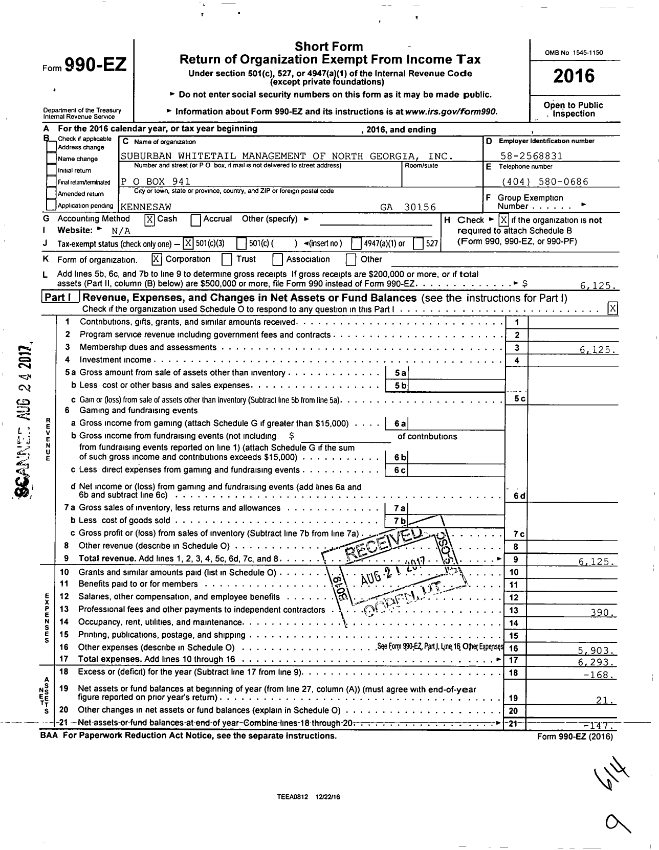 Image of first page of 2016 Form 990EZ for Suburban Whitetail Management of North Georgia