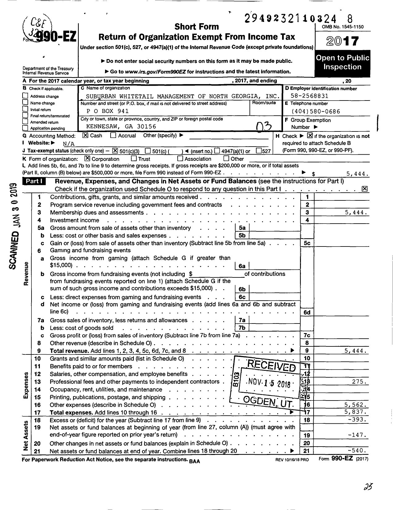 Image of first page of 2017 Form 990EZ for Suburban Whitetail Management of North Georgia