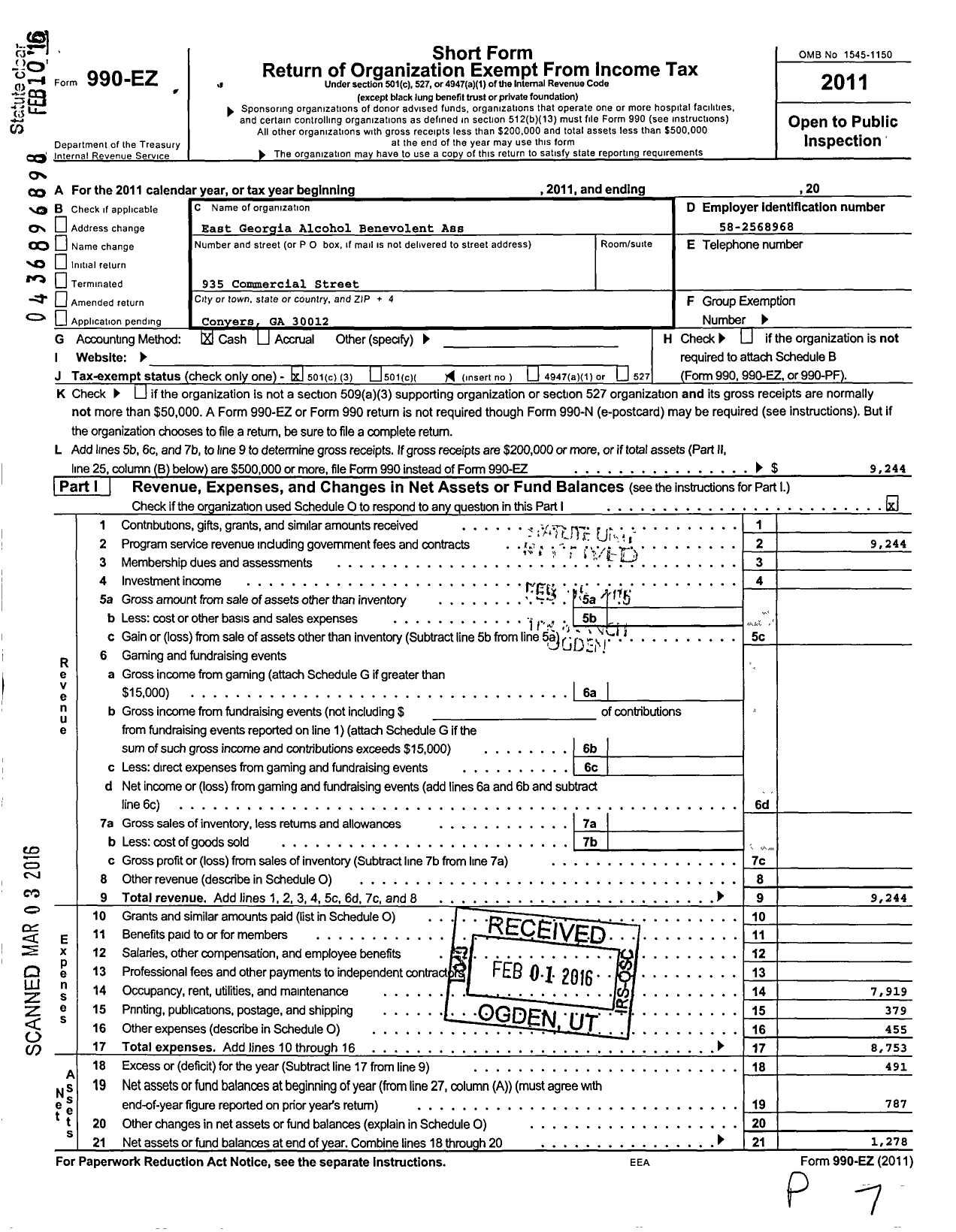 Image of first page of 2011 Form 990EZ for East Georgia Alcohol Benevolent Association