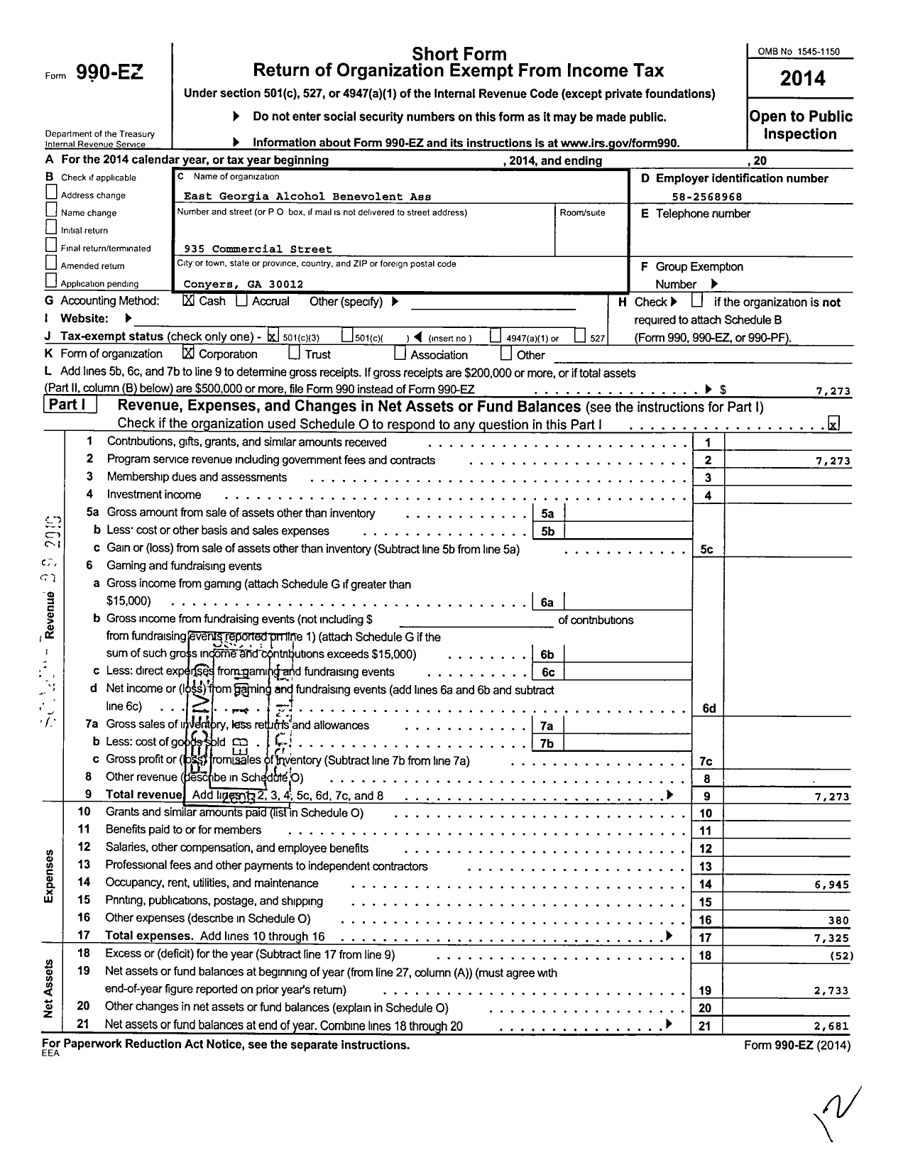 Image of first page of 2014 Form 990EZ for East Georgia Alcohol Benevolent Association