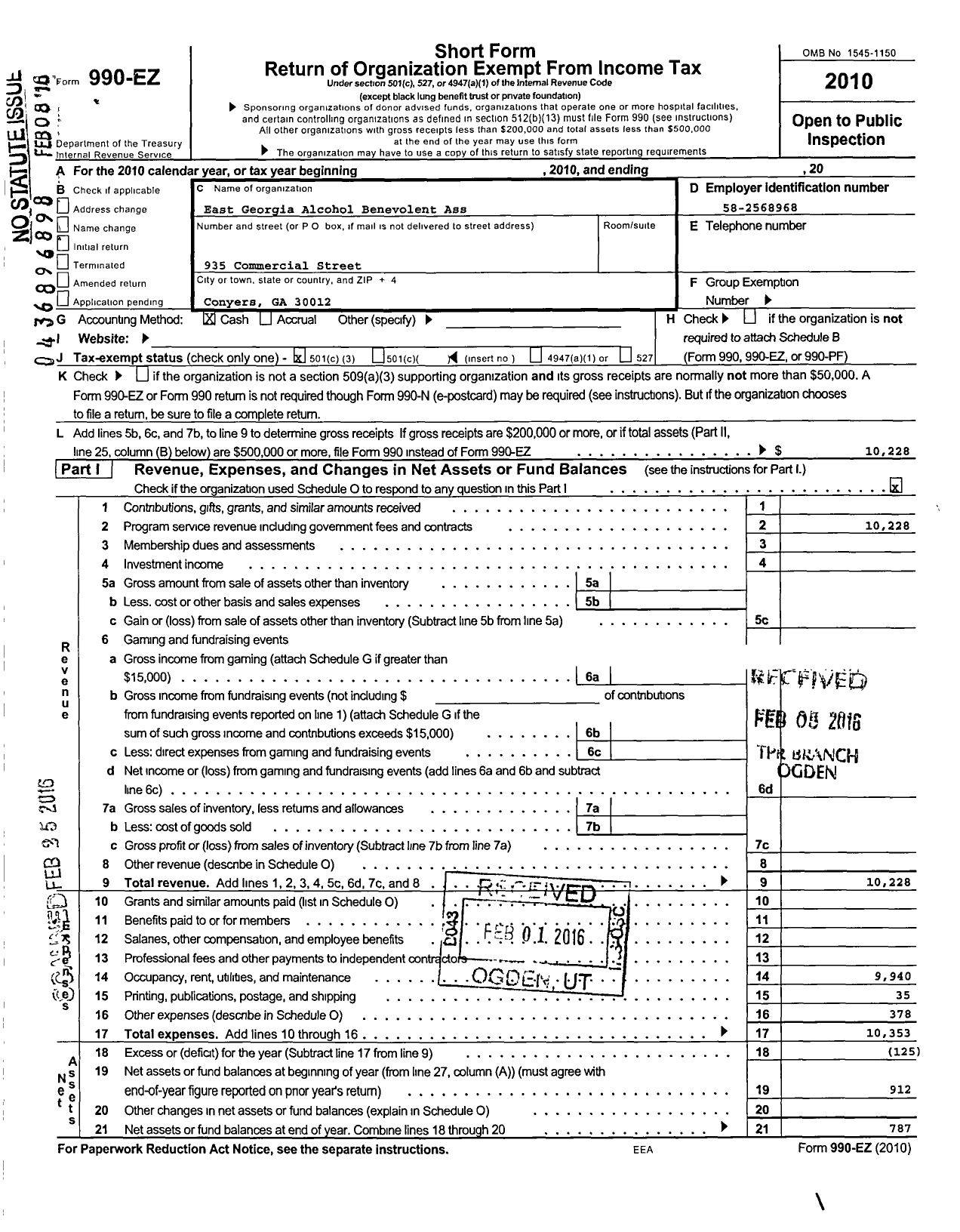 Image of first page of 2010 Form 990EZ for East Georgia Alcohol Benevolent Association