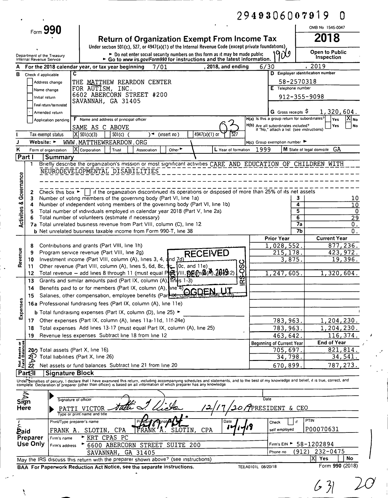 Image of first page of 2018 Form 990 for The Matthew Reardon Center for Autism