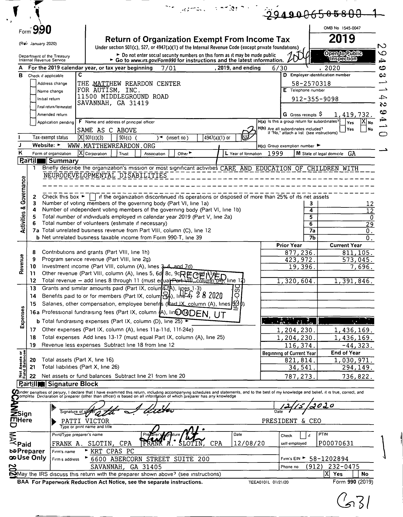 Image of first page of 2019 Form 990 for The Matthew Reardon Center for Autism