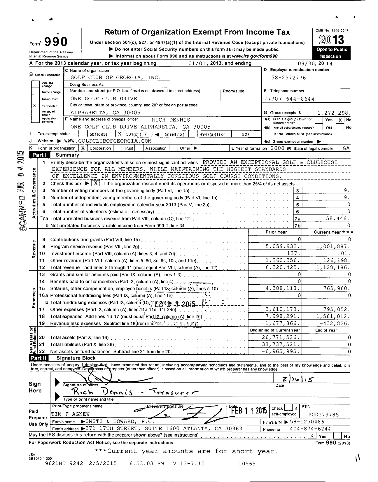 Image of first page of 2013 Form 990O for Golf Club of Georgia
