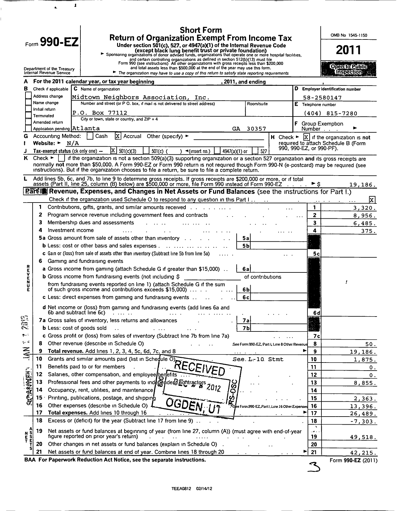 Image of first page of 2011 Form 990EZ for Midtown Neighbors Association