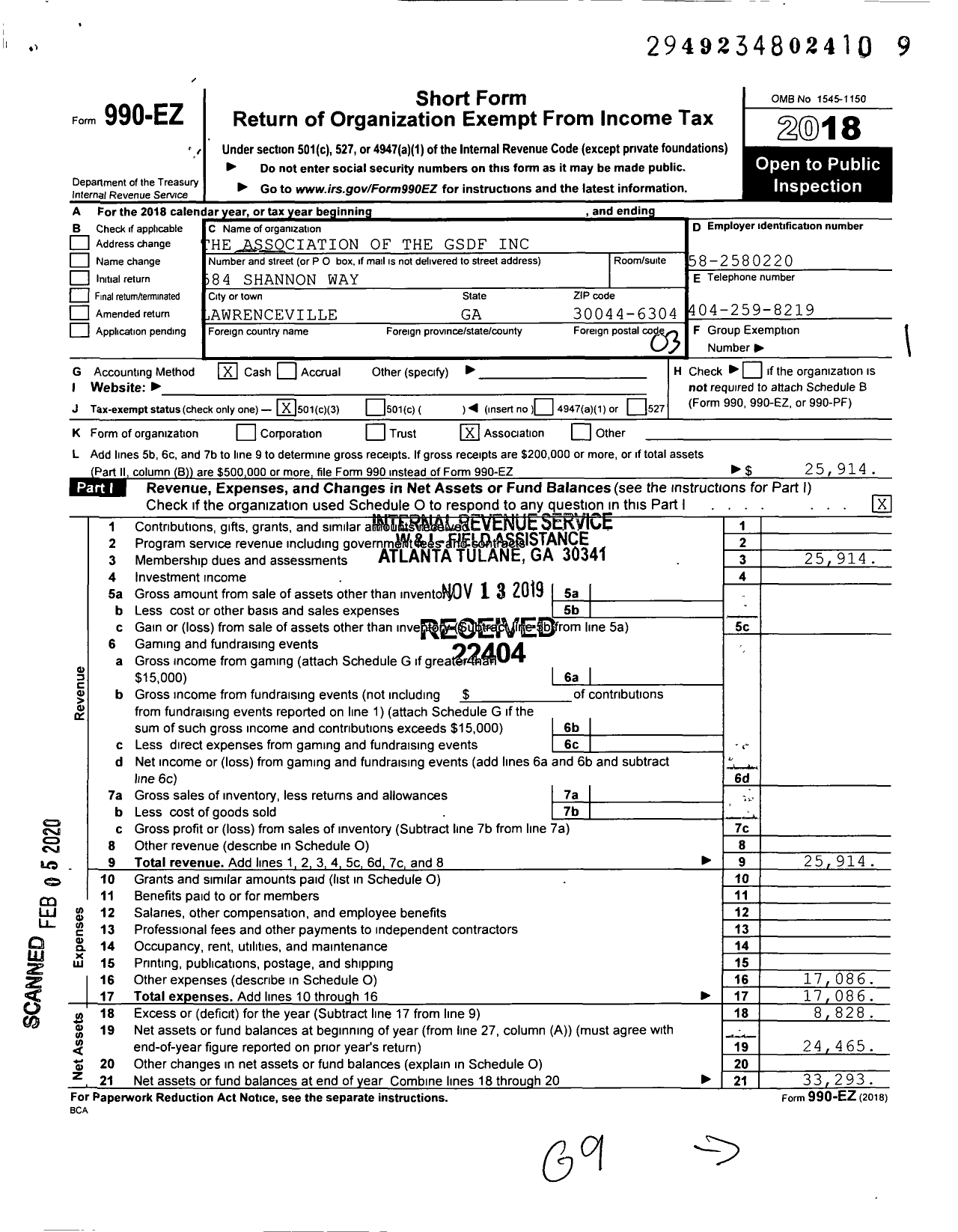 Image of first page of 2018 Form 990EZ for Association of the GSDF