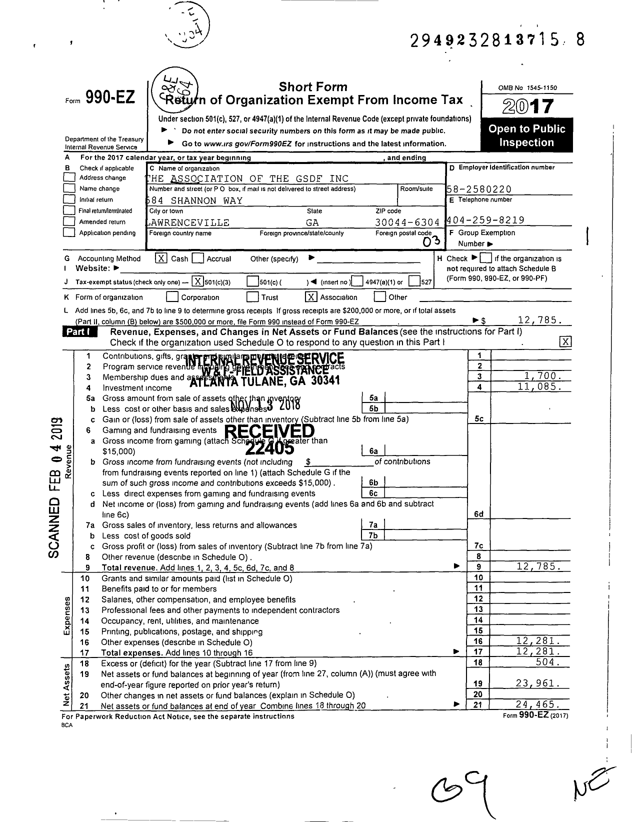 Image of first page of 2017 Form 990EZ for Association of the GSDF