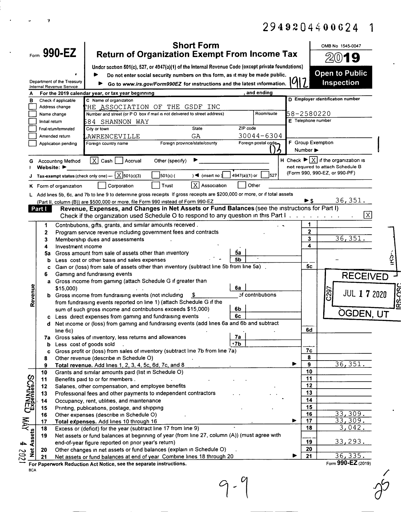 Image of first page of 2019 Form 990EZ for Association of the GSDF