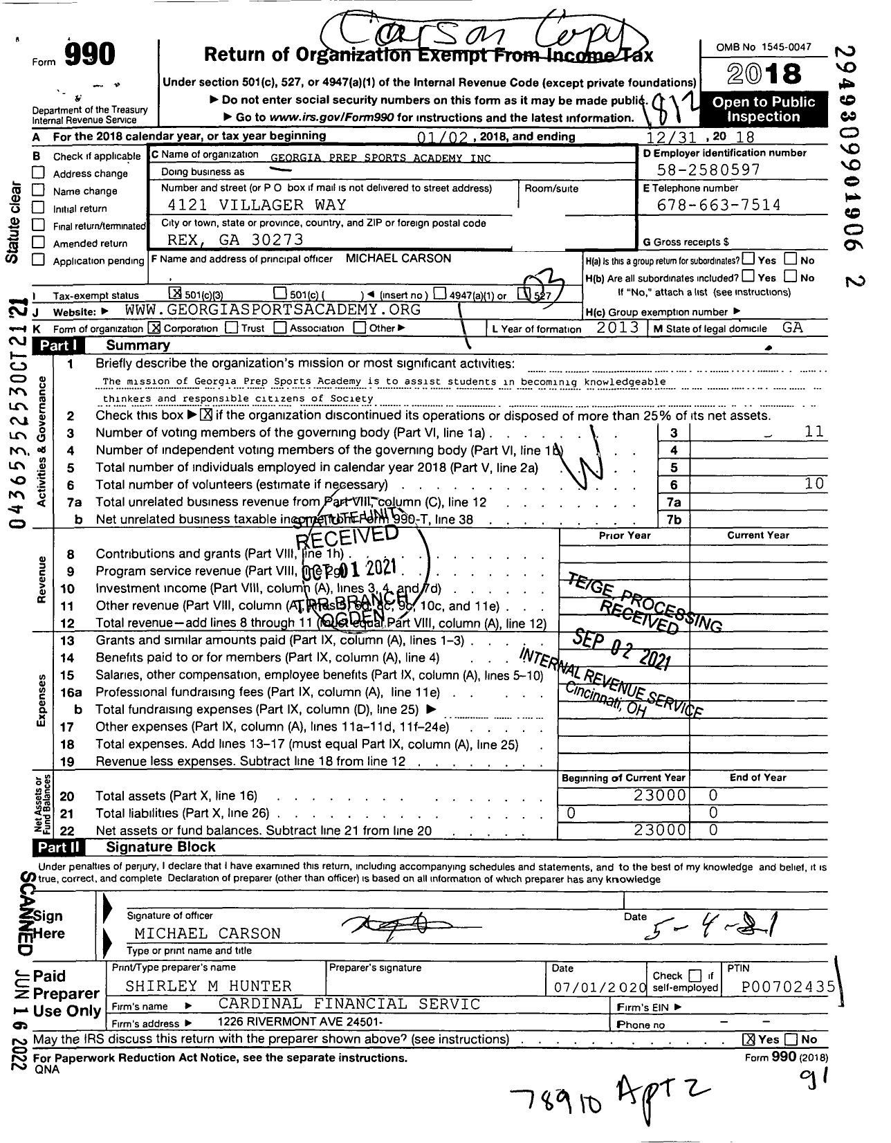 Image of first page of 2018 Form 990 for Georgia Prep Sports Academy