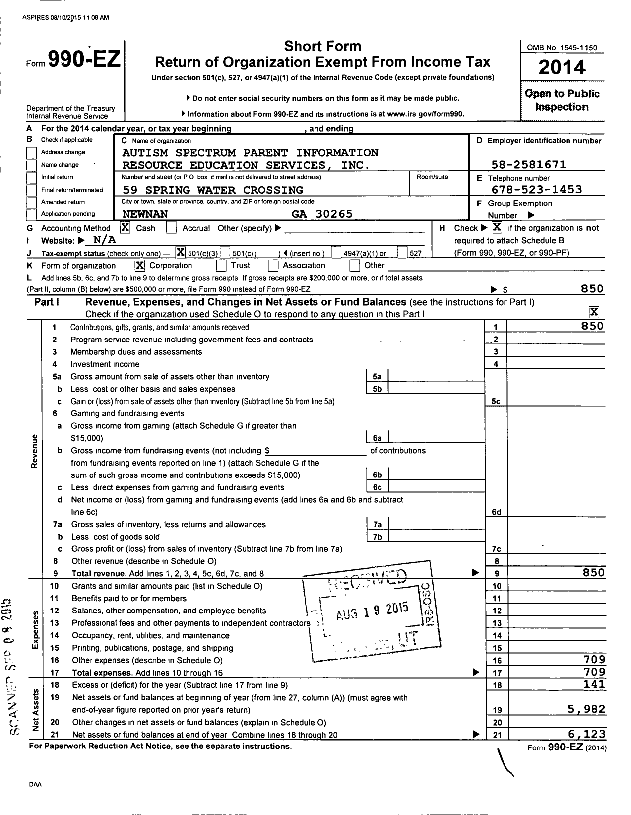 Image of first page of 2014 Form 990EZ for Autism Spectrum Parent Information Resource and Education Services