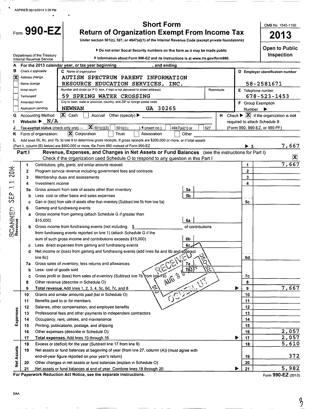 Image of first page of 2013 Form 990EZ for Autism Spectrum Parent Information Resource and Education Services