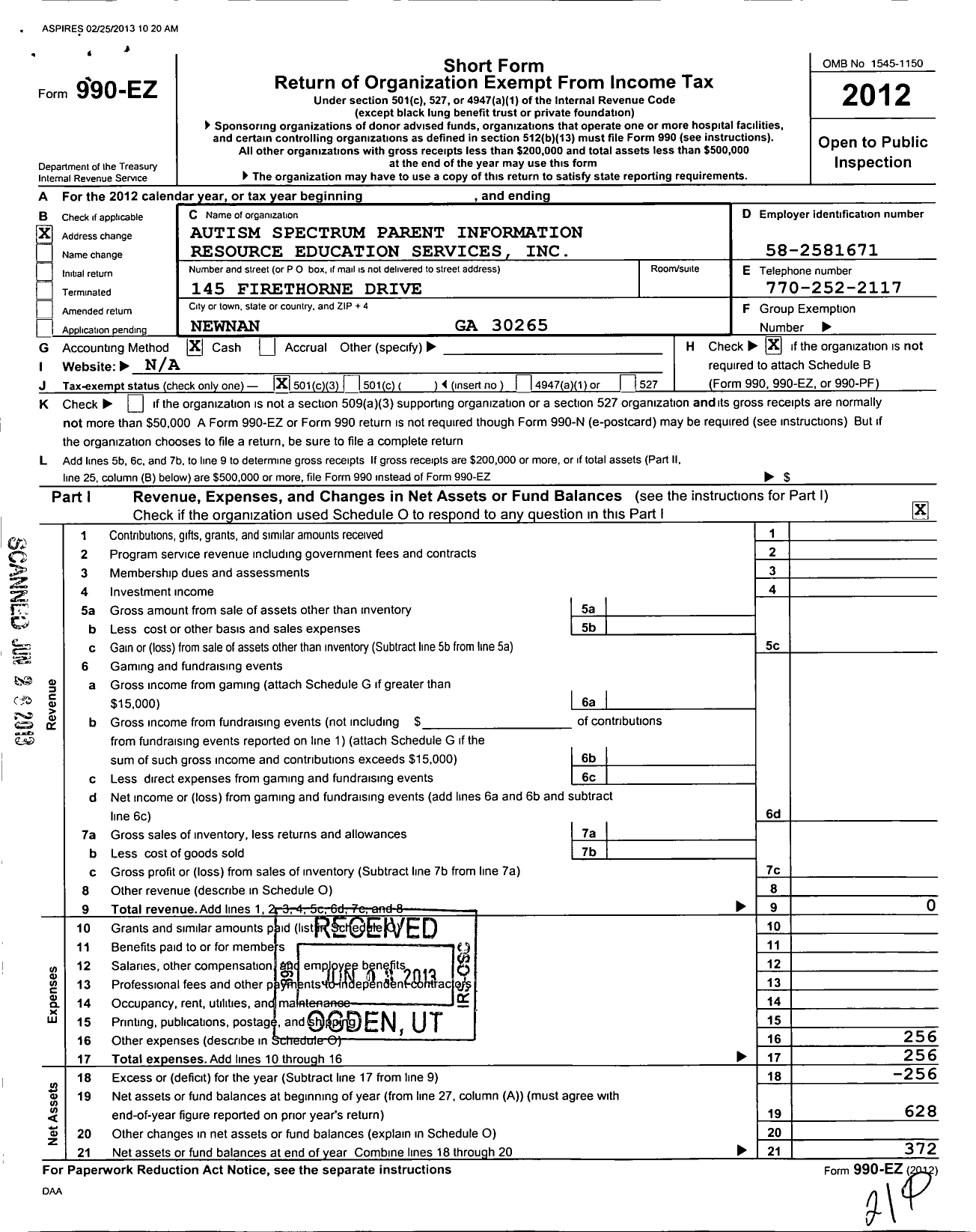 Image of first page of 2012 Form 990EZ for Autism Spectrum Parent Information Resource and Education Services