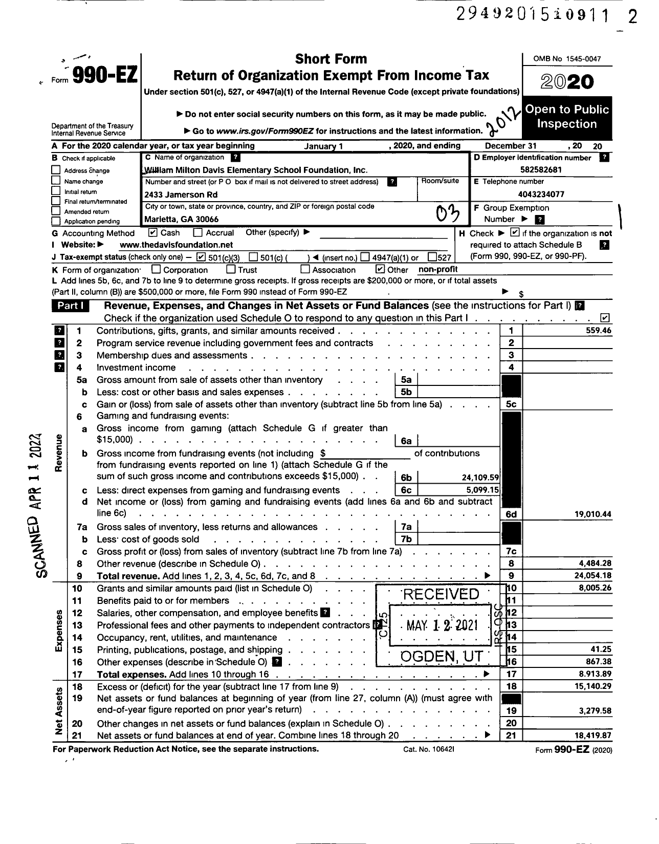 Image of first page of 2020 Form 990EZ for William Milton Davis Elementary School Foundation