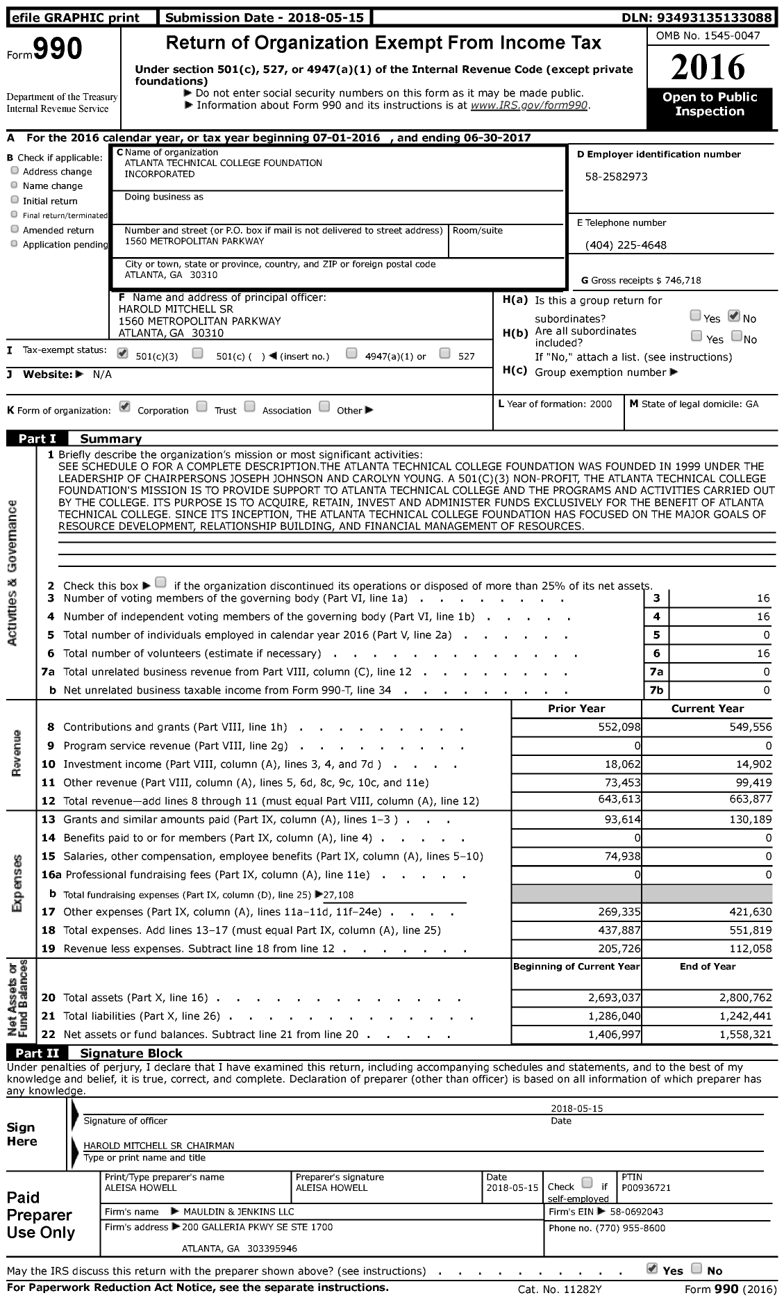 Image of first page of 2016 Form 990 for Atlanta Technical College Foundation Incorporated