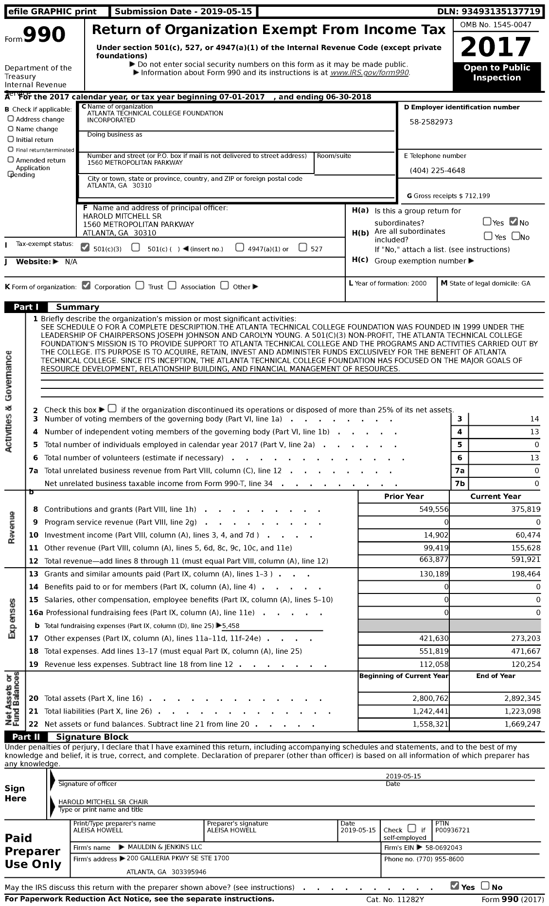 Image of first page of 2017 Form 990 for Atlanta Technical College Foundation Incorporated