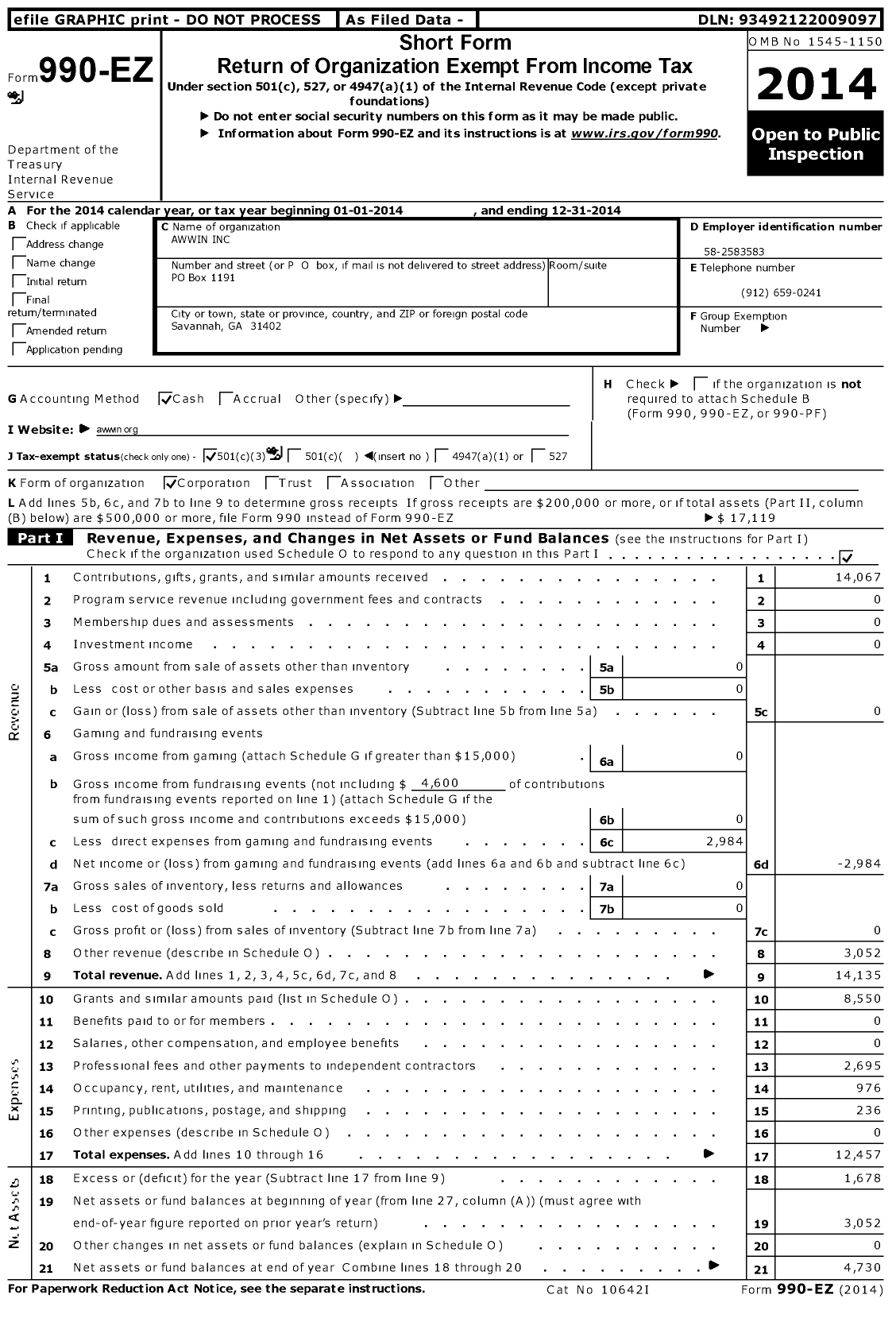 Image of first page of 2014 Form 990EZ for Awwin