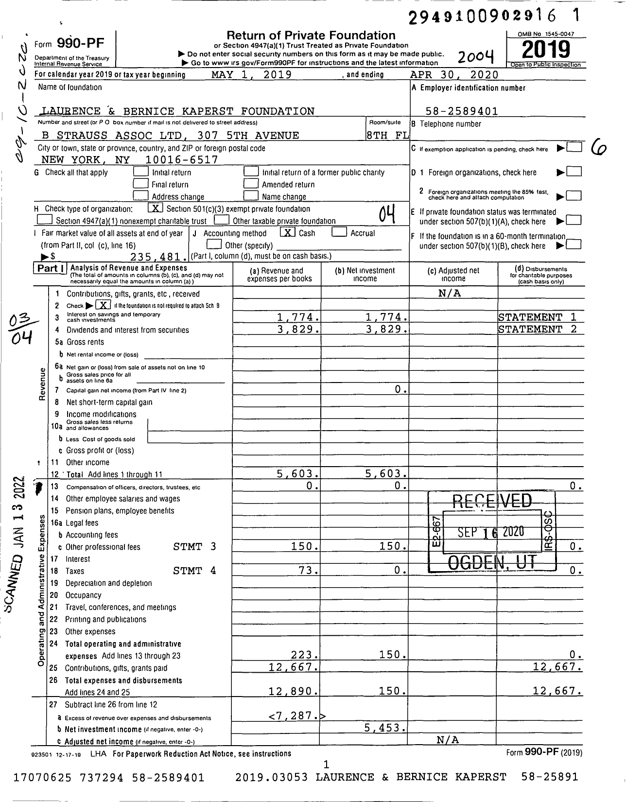 Image of first page of 2019 Form 990PF for Laurence and Bernice Kaperst Foundation