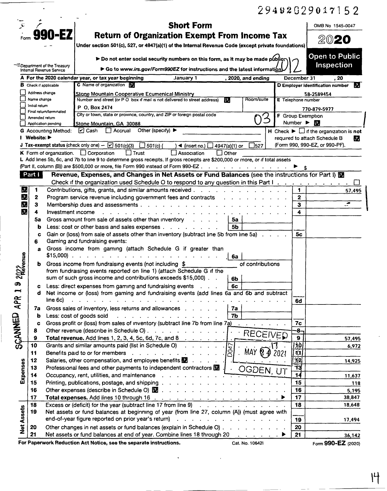 Image of first page of 2020 Form 990EZ for Stone Mountain Cooperative Ecumenical Ministry