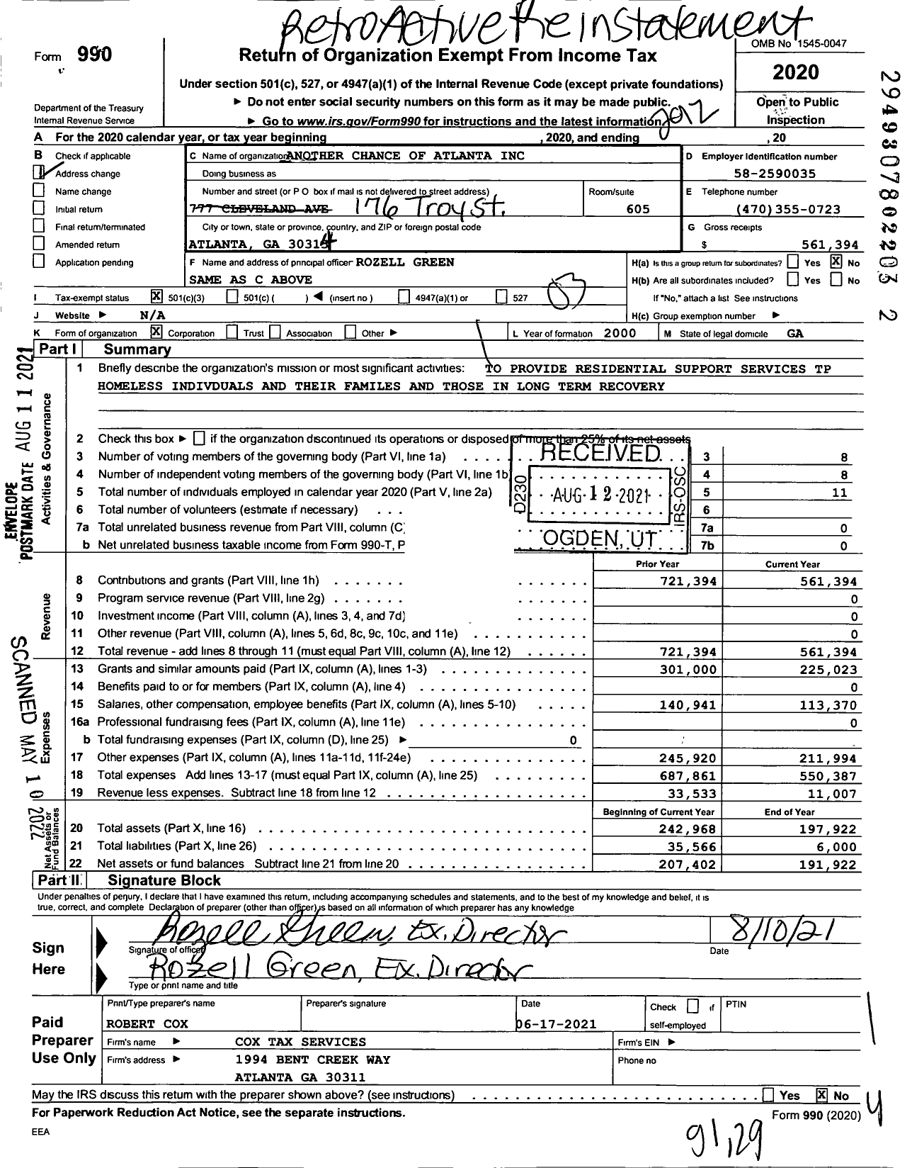 Image of first page of 2020 Form 990 for Another Chance of Atlanta