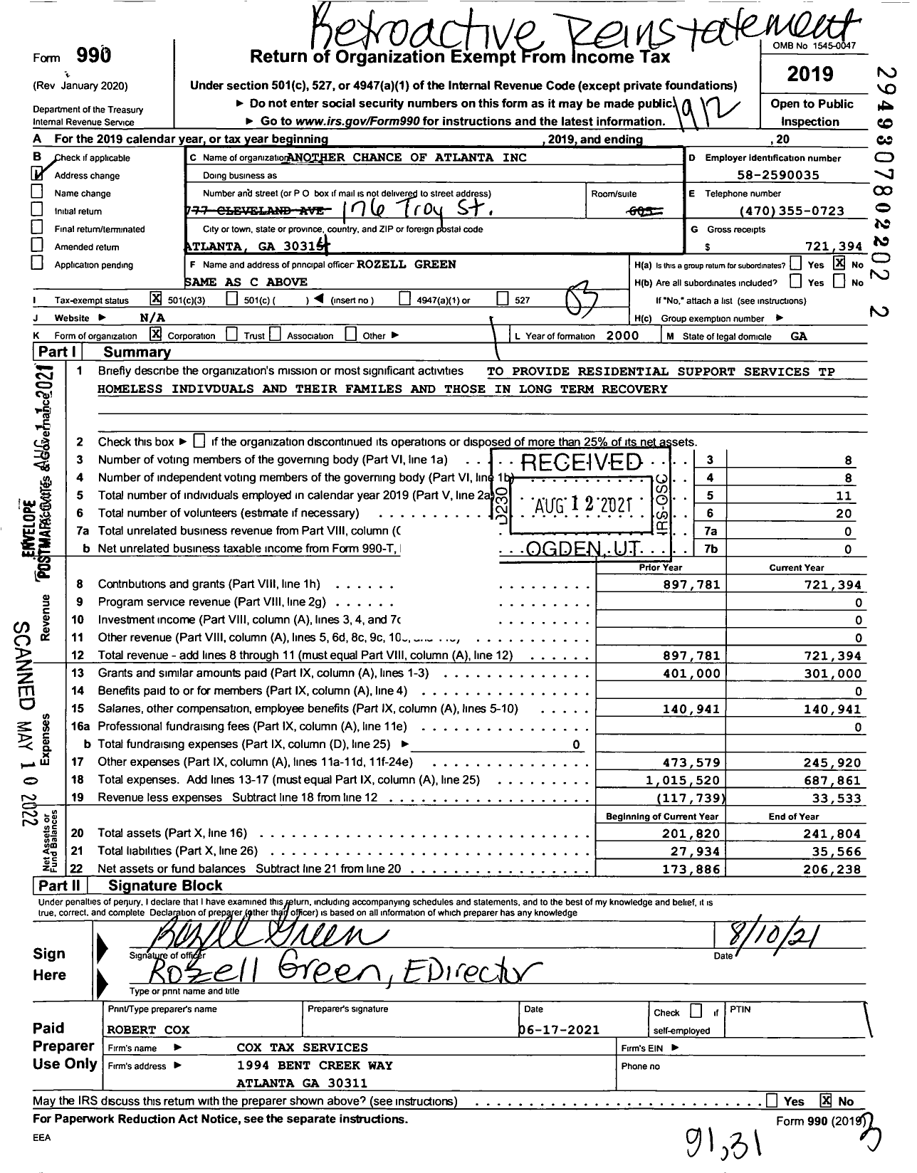 Image of first page of 2019 Form 990 for Another Chance of Atlanta