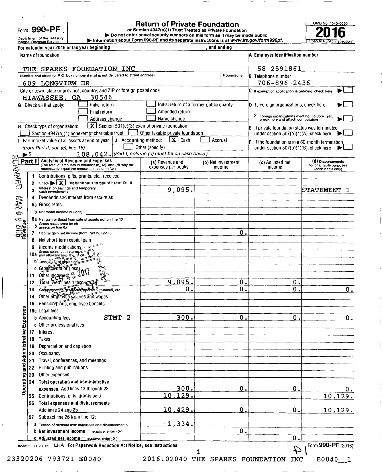 Image of first page of 2016 Form 990PF for The Sparks Foundation