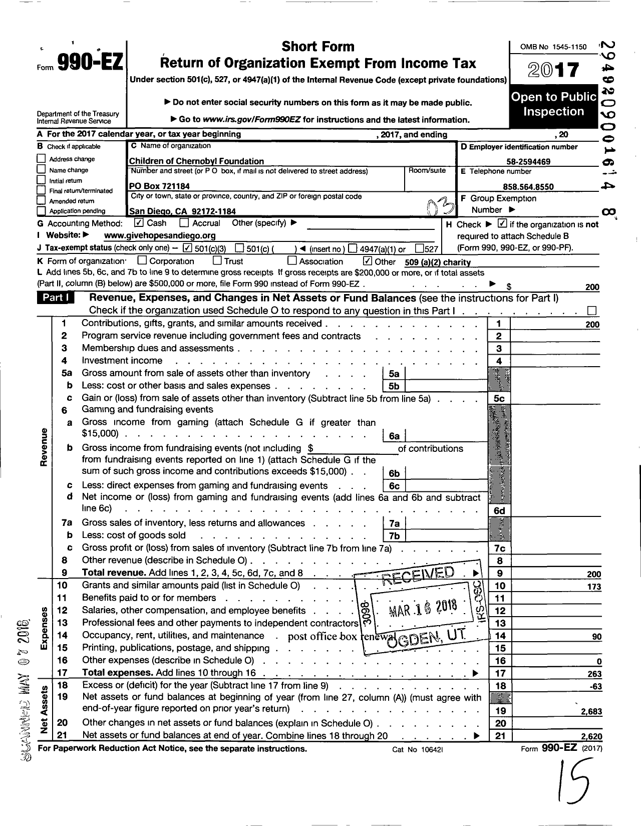 Image of first page of 2017 Form 990EZ for Children of Chernobyl Foundation