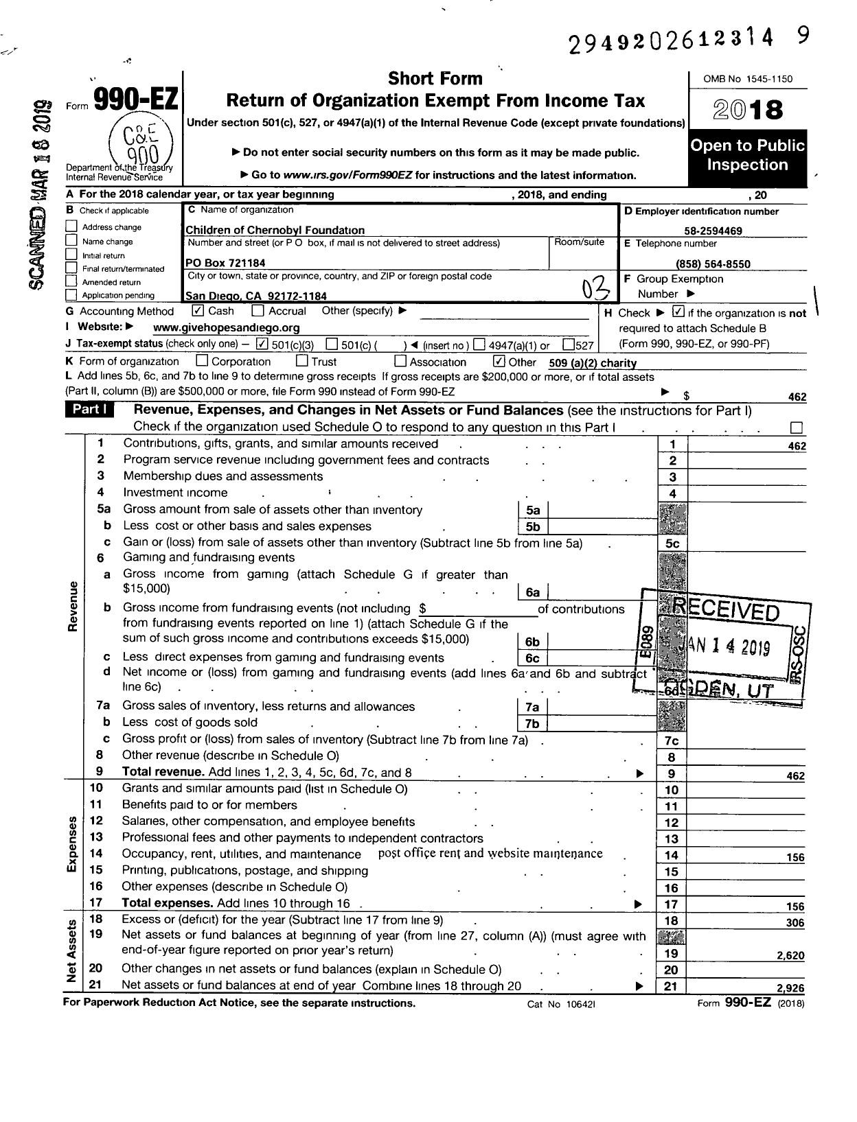 Image of first page of 2018 Form 990EZ for Children of Chernobyl Foundation