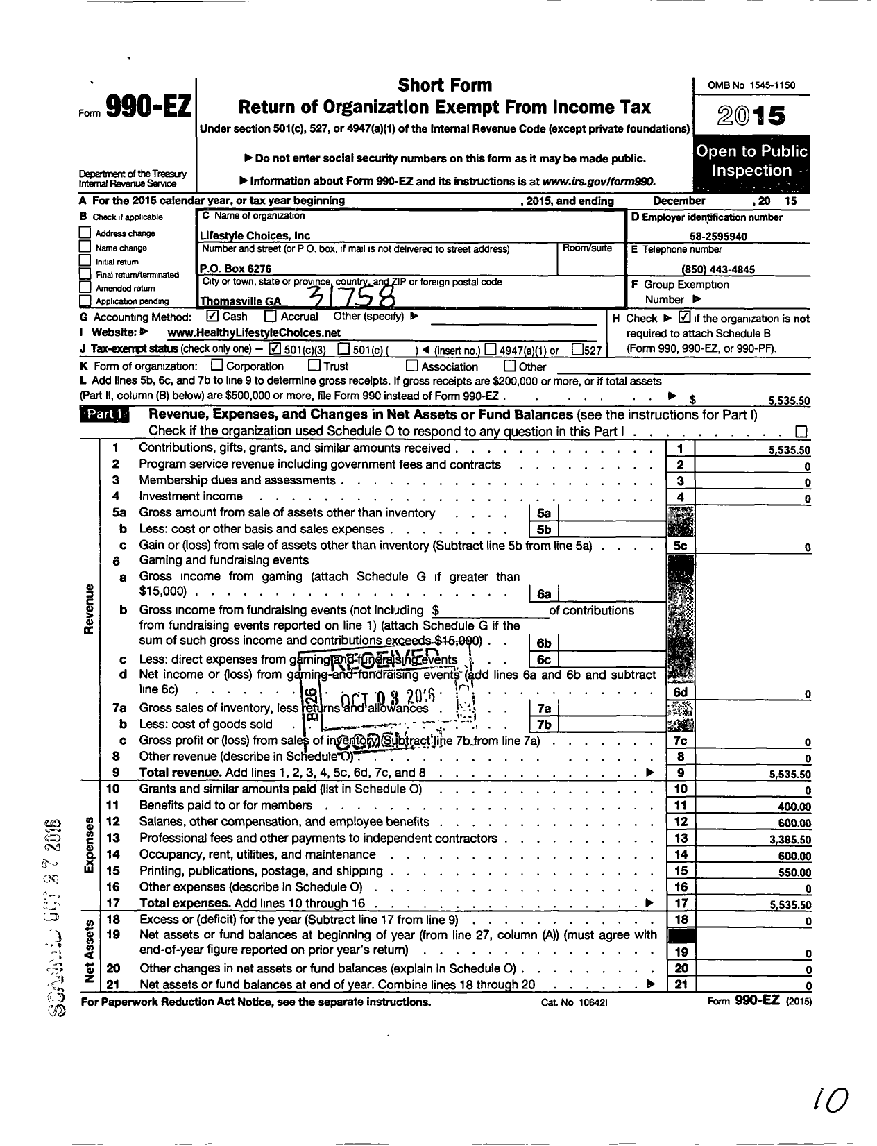 Image of first page of 2015 Form 990EZ for Lifestyle Choices