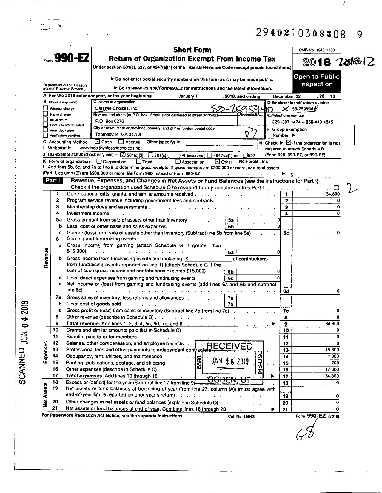 Image of first page of 2018 Form 990EZ for Lifestyle Choices