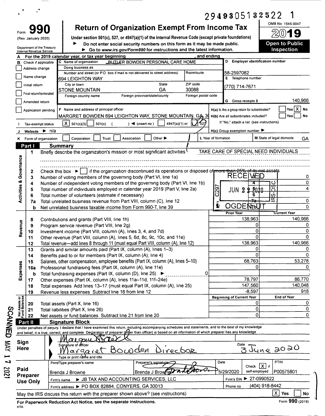 Image of first page of 2019 Form 990 for Butler Bowden Personal Care Home