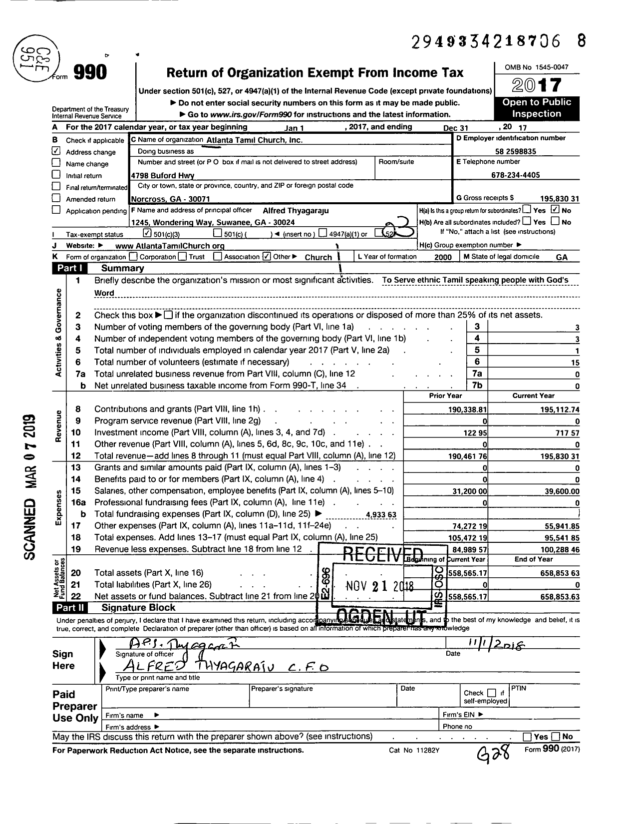 Image of first page of 2017 Form 990 for Atlanta Tamil Church