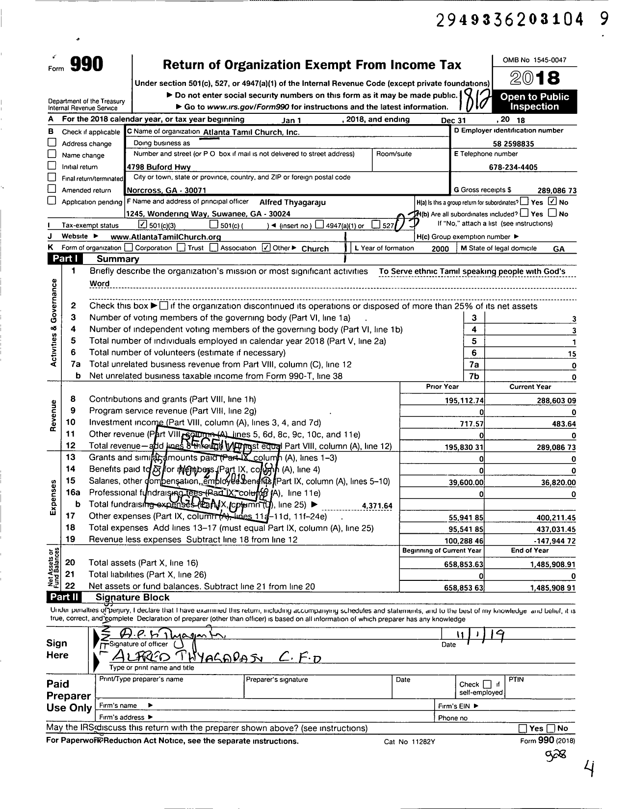 Image of first page of 2018 Form 990 for Atlanta Tamil Church