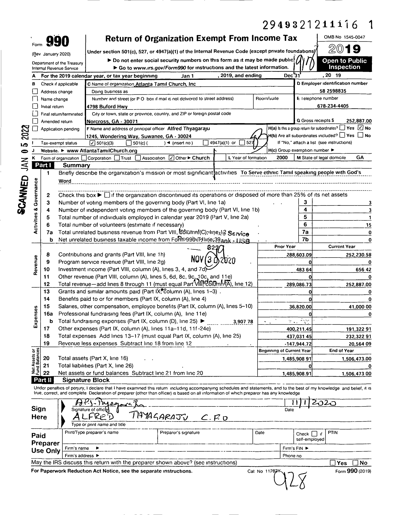 Image of first page of 2019 Form 990 for Atlanta Tamil Church