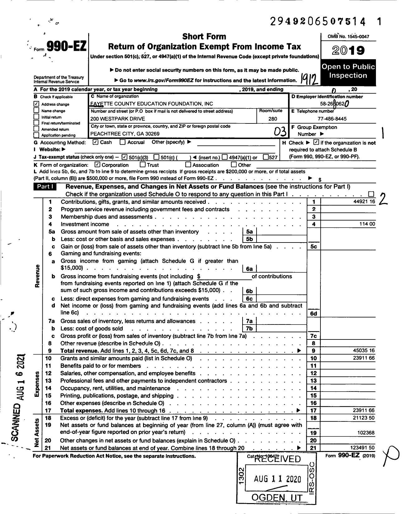 Image of first page of 2019 Form 990EZ for Fayette County Education Foundaiton