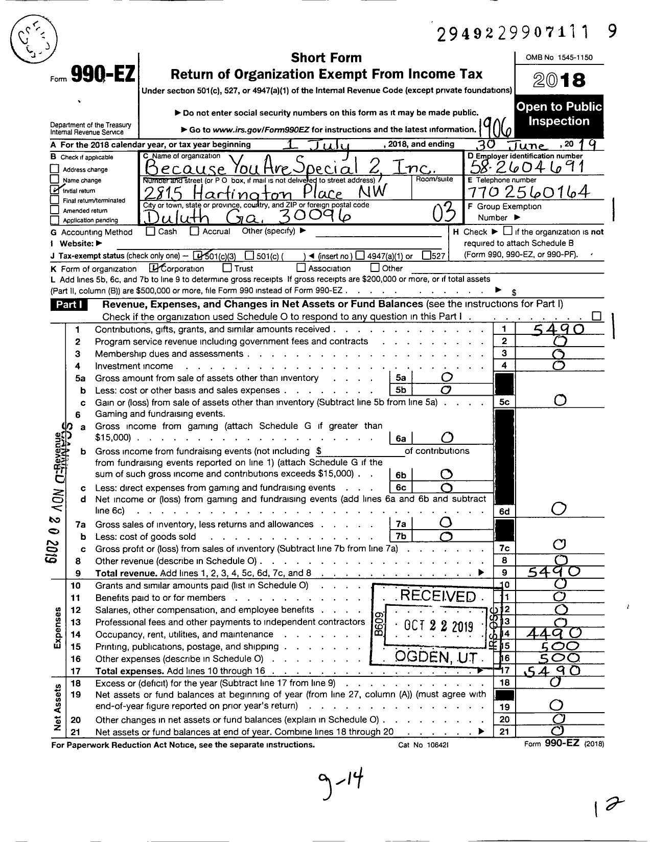 Image of first page of 2018 Form 990EZ for Because You Are Special 2