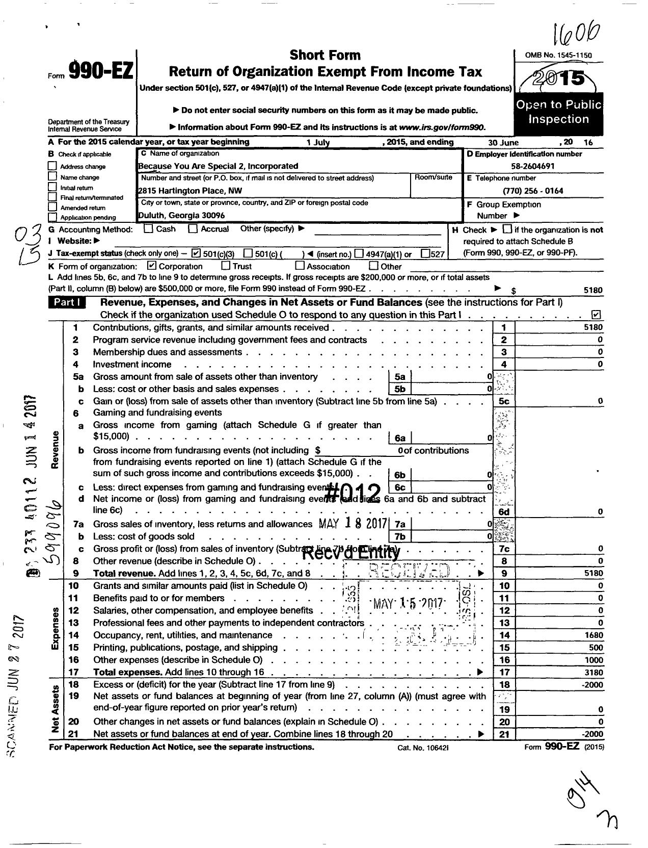 Image of first page of 2015 Form 990EZ for Because You Are Special 2