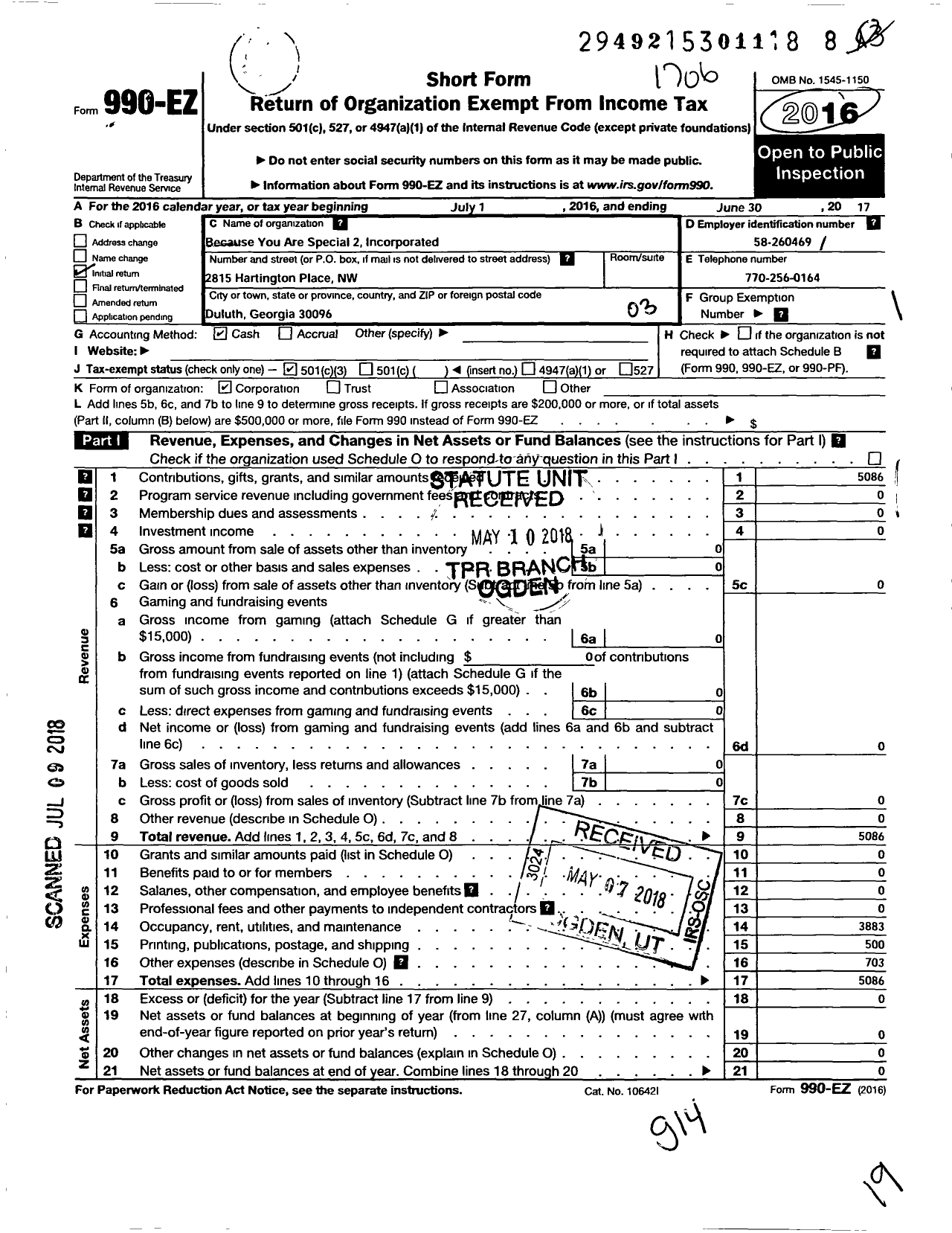 Image of first page of 2016 Form 990EZ for Because You Are Special 2