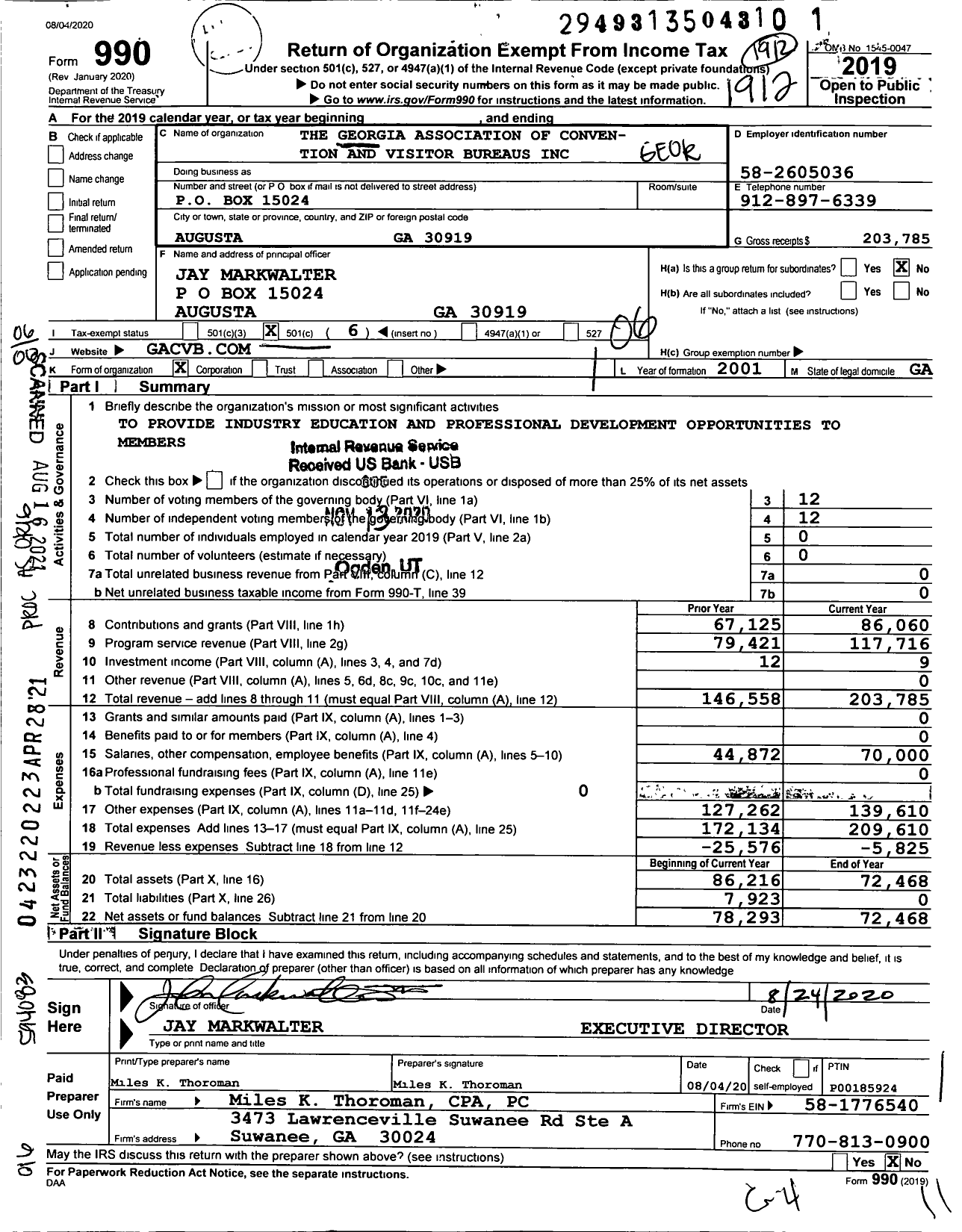 Image of first page of 2019 Form 990O for The Georgia Association of Conven- Tion and Vistors Bureaus