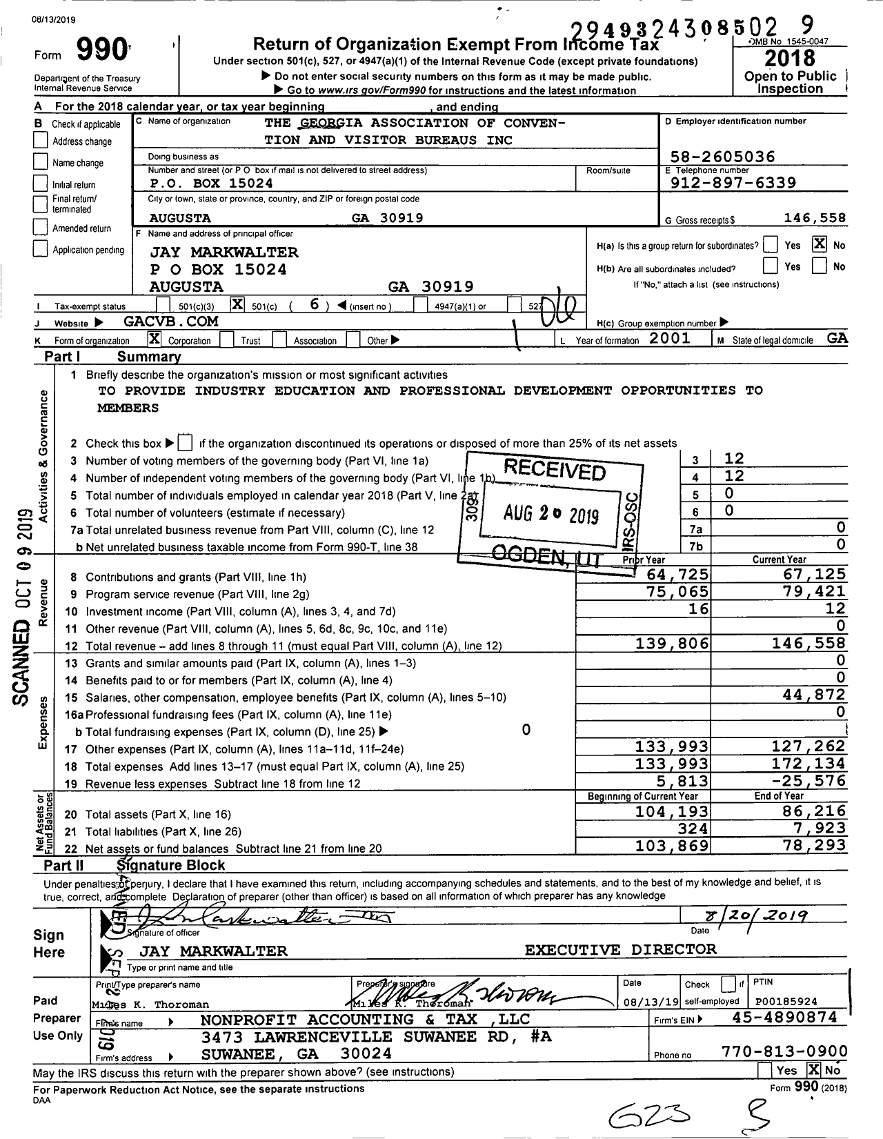 Image of first page of 2018 Form 990O for The Georgia Association of Conven- Tion and Vistors Bureaus