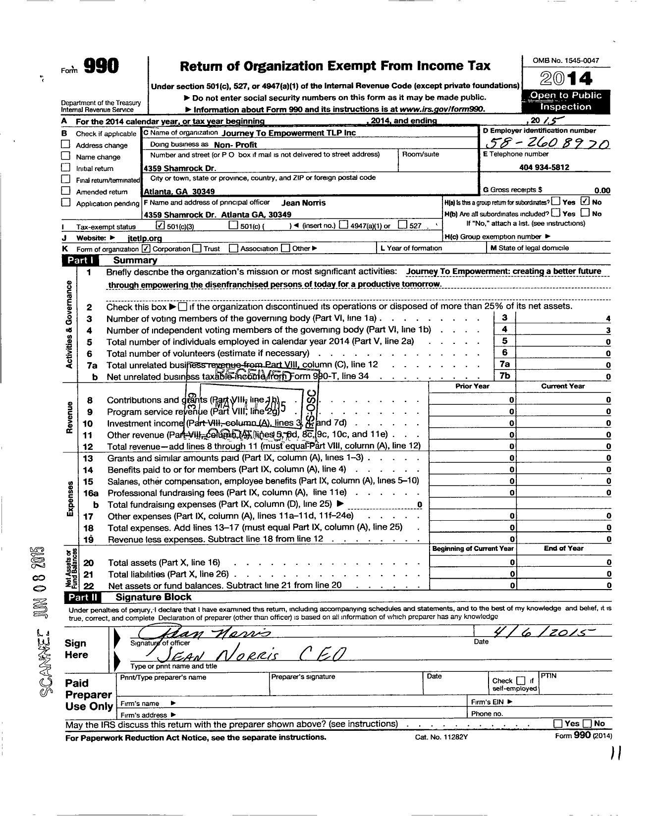 Image of first page of 2014 Form 990 for Journey To Empowerment TLP