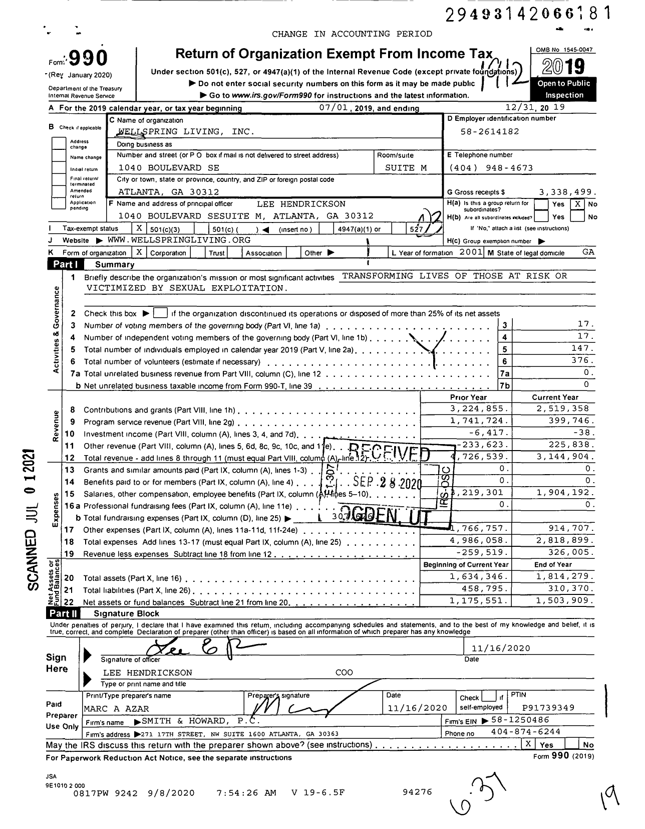 Image of first page of 2019 Form 990 for Wellspring Living