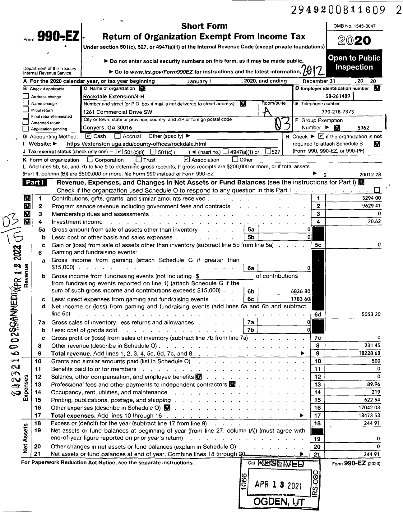 Image of first page of 2020 Form 990EZ for Georgia Extension 4-H Foundation / Rockdale County Extension 4-H