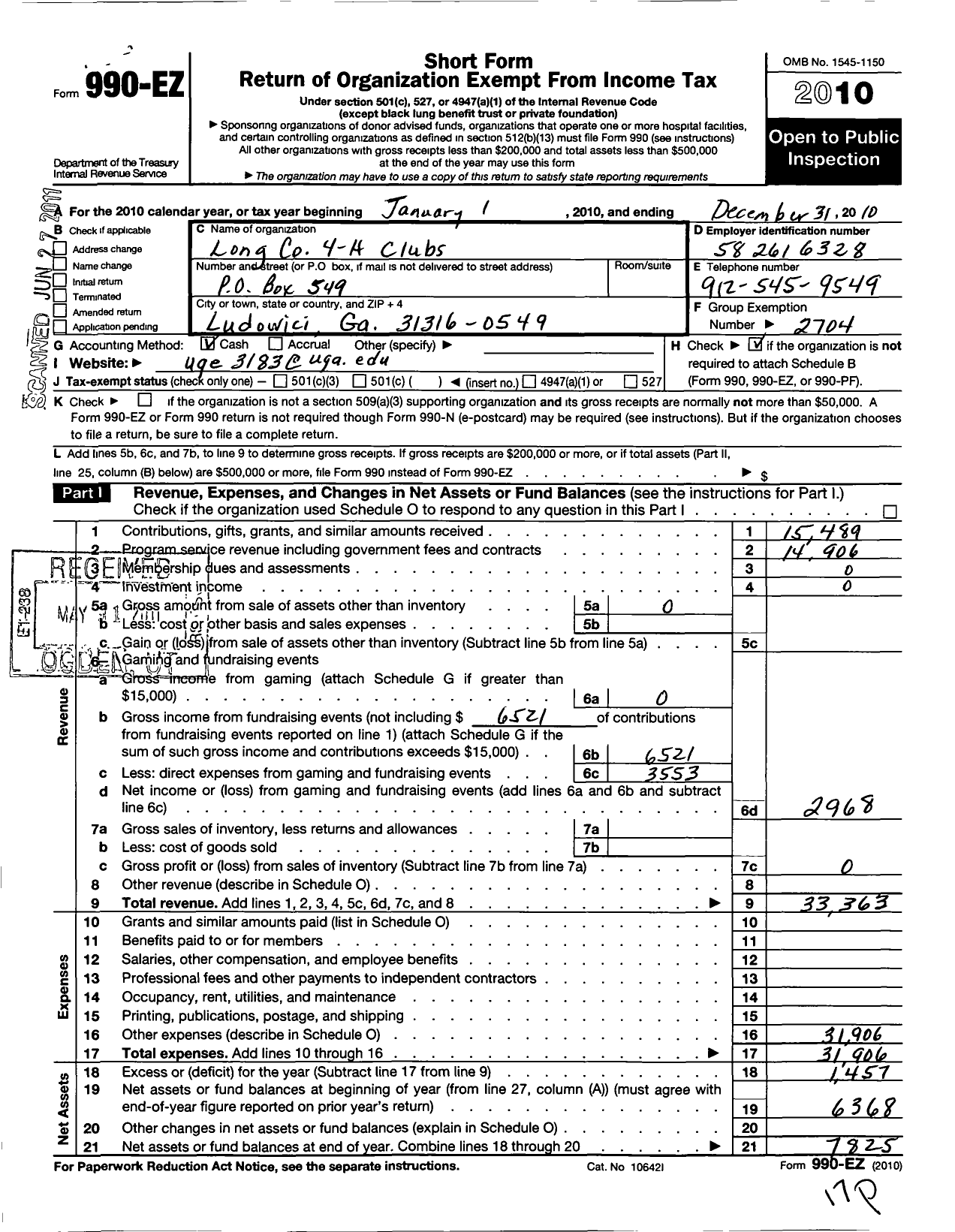 Image of first page of 2010 Form 990EO for Georgia Extension 4-H Foundation Long County Extension